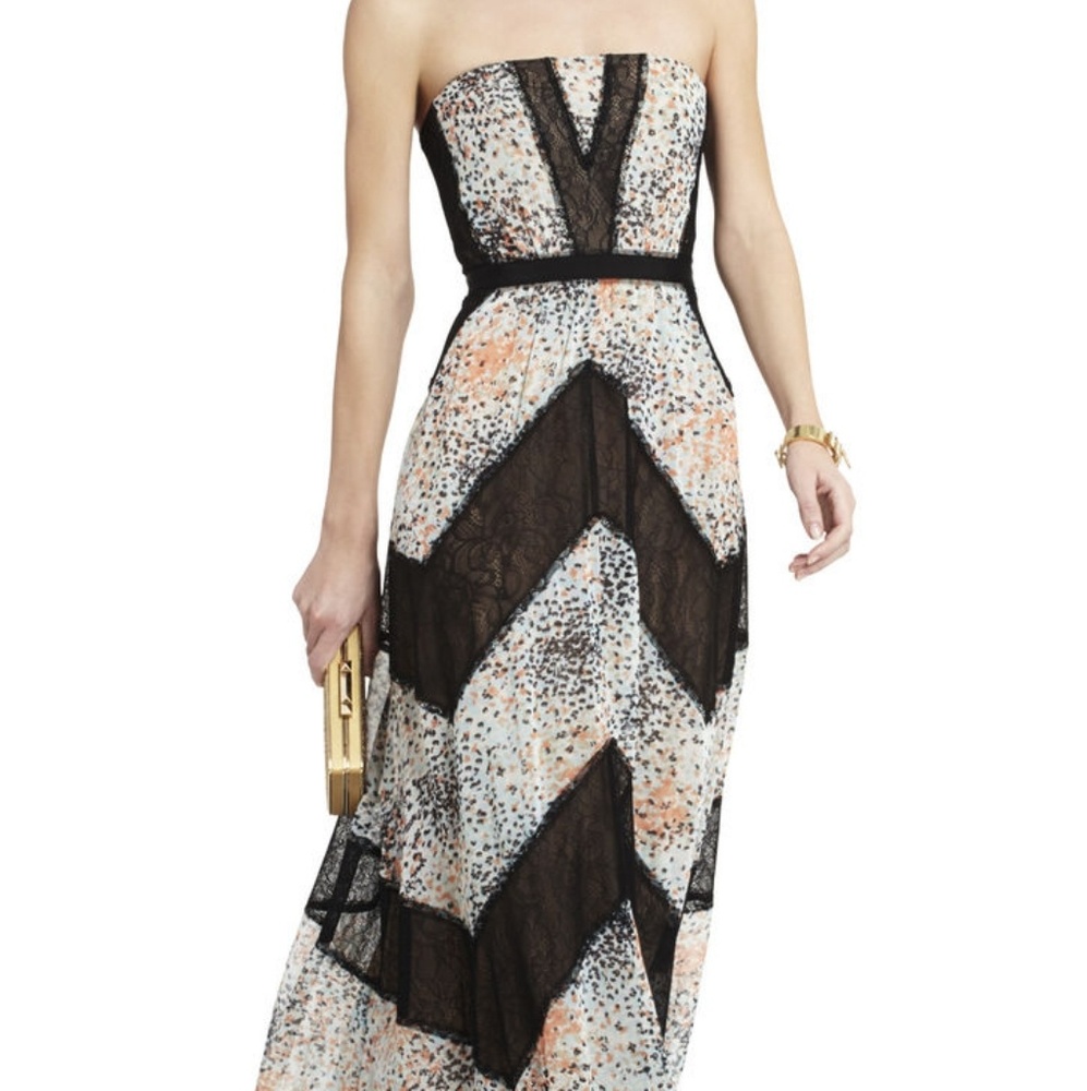 bcbg print and lace blocked strapless dress